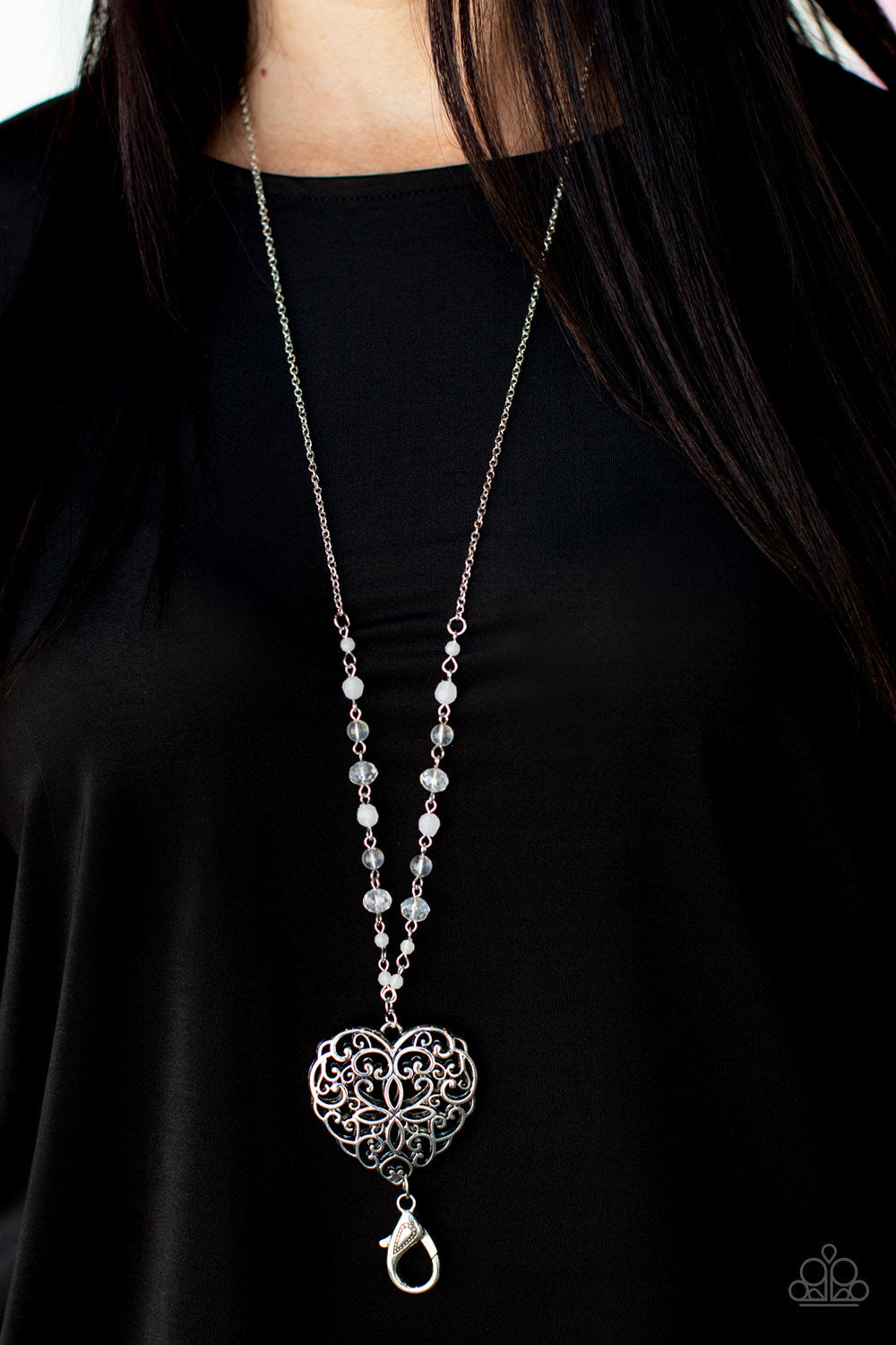 DOTING DEVOTION - WHITE BEAD SILVER FILIGREE HEART LANYARD NECKLACE - PAPARAZZI - 2021 CONVENTION EXCLUSIVE