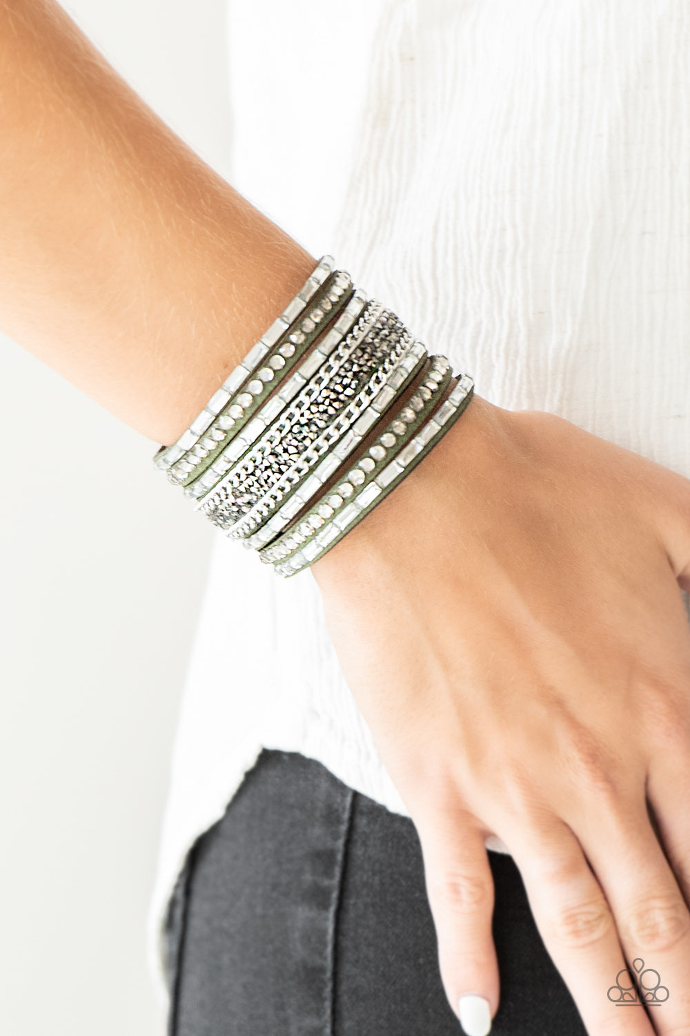 Paparazzi Rhinestone Rumble - Green Suede Bracelet