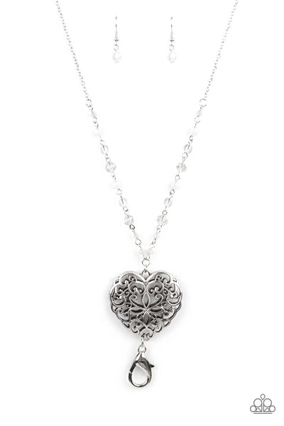 DOTING DEVOTION - WHITE BEAD SILVER FILIGREE HEART LANYARD NECKLACE - PAPARAZZI - 2021 CONVENTION EXCLUSIVE