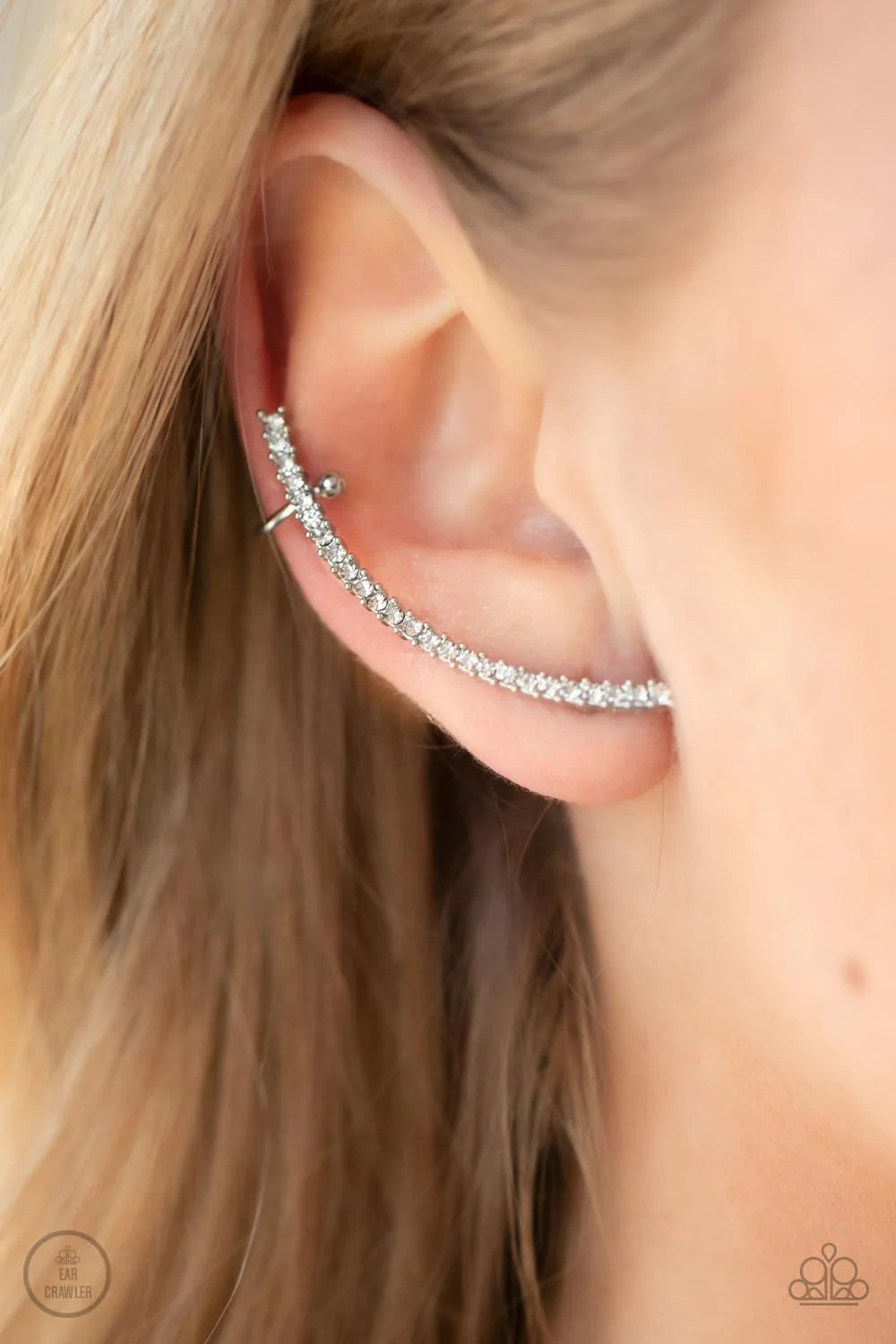 Sleekly Shimmering White Paparazzi Ear-Crawler Earrings