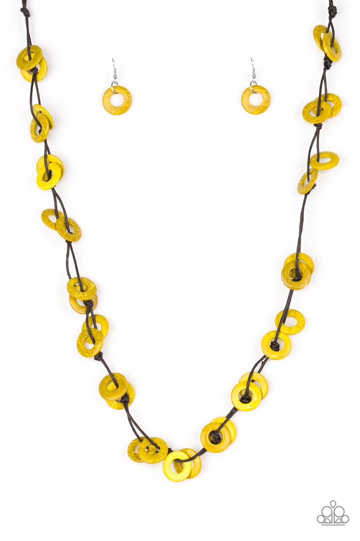 Waikiki Winds - Yellow Paparazzi Wooden Necklace